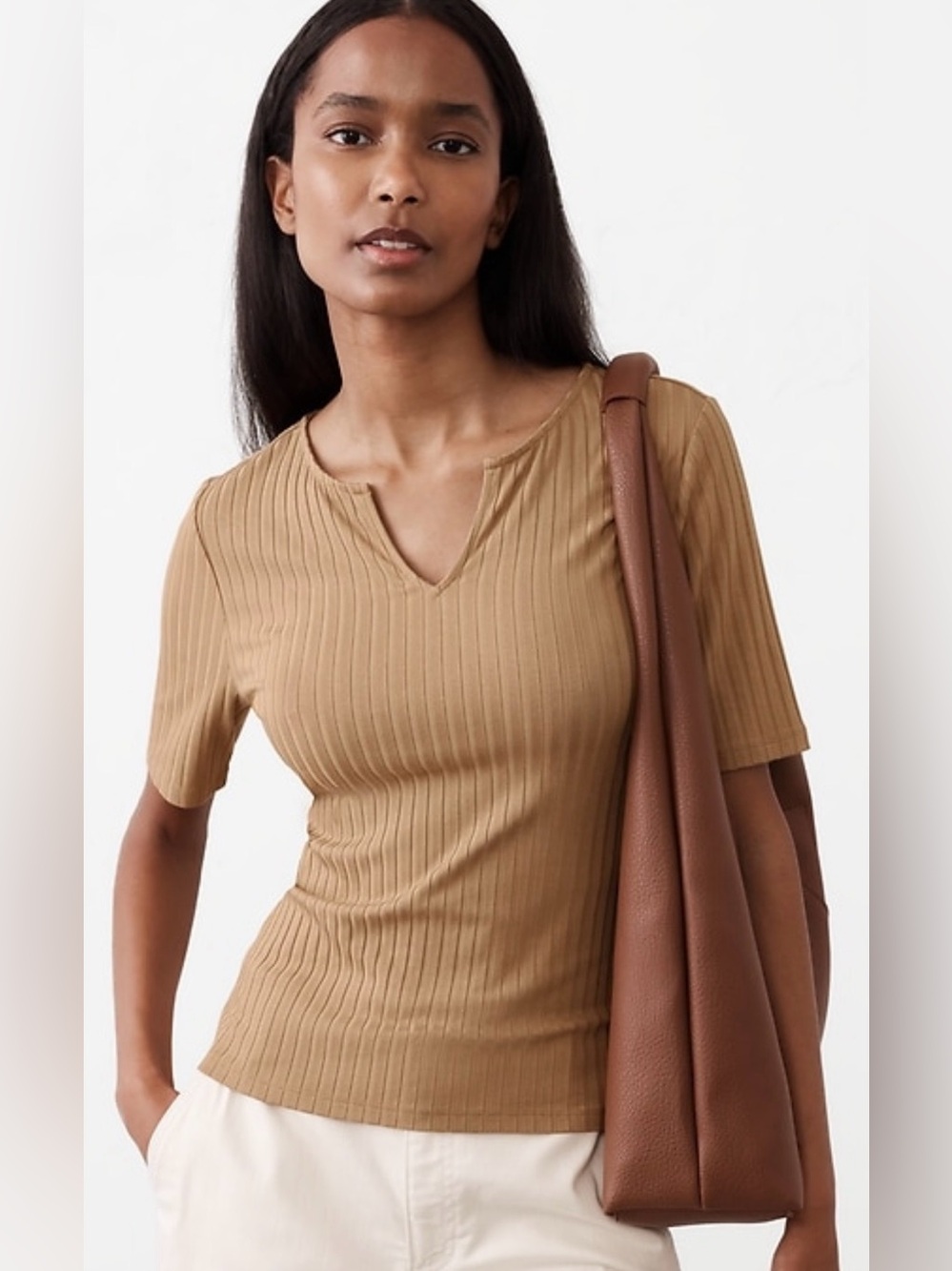 NWOT Banana Republic Women’s Wide Ribbed Split-Neck Top, XL, in Afternoon Latte